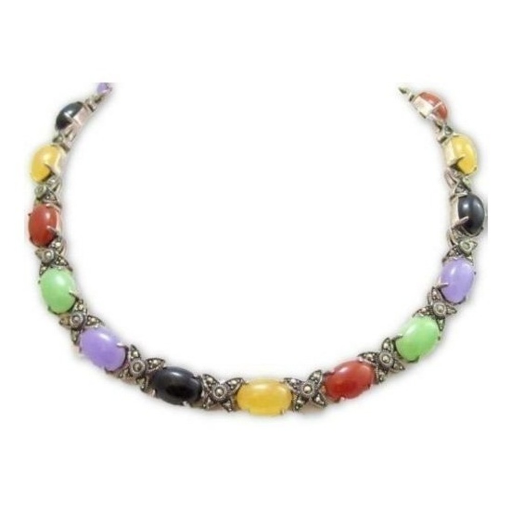 Signed GSJ‎ 925 Gemstones & Marcasite Heavy Sterling Silver Necklace*70g